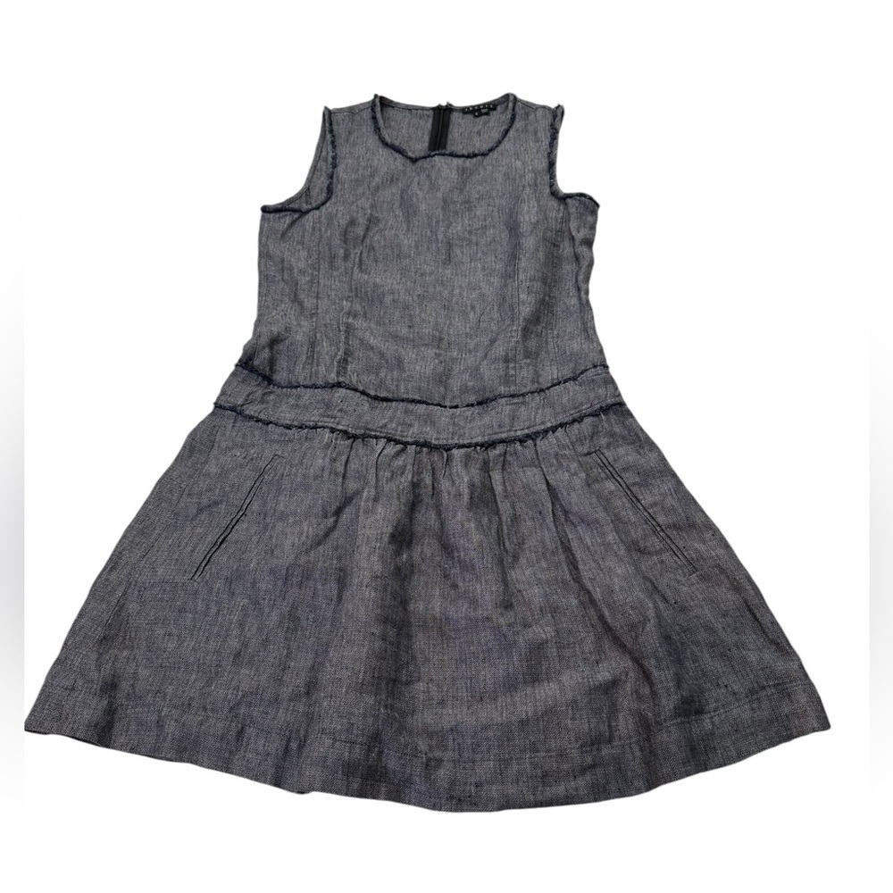 Theory Redbay Linen Dress Blue Chambray Mini Size 2 Drop Waist - Picture 7 of 13